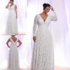 Economici Plus Size Abiti da sera da sera in pizzo pieno con maniche lunghe rimovibili con scollo a V Abiti da sposa Lunghezza del pavimento Una linea abito da ballo297K