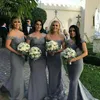 Gray Bridesmaid Dresses Spring Summer Off The Shoulder Satin Lace Countryside Garden Formal Wedding Party Guest Gowns Plus Size Cu302R