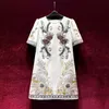 2023 Summer White Floral Print Dress Short Sleeve Round Neck Sequins Knee-Length Casual Dresses A3Q122218