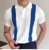 Herren Polos Vintage Poloshirt Streifendruck Patchwork Stricken Lässige Revers Strickjacke Sommer Mode Männer Kurzarm Slim Shirts
