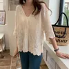 Women's Blouses 2023 Fashion Embroidered Lace Elegant Blouse Summer Women V Neck Shirt Short Sleeve Ladies Loose Folwer Casual Button Tops