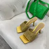 Berühmte Designer-Sandalen für Damen, Stretch-Mule, Designer-Absätze, strassverzierte Seiden-Pantoletten, Sandale mit eckiger Zehenpartie, Luxus-Slides mit hohem Absatz, Sandale, Designer-Slipper, Pantoletten