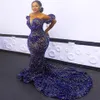 2021 New Sexy African Sequined Evening Dresses Wear Royal Blue Plus Size Off Shoulder Sequins Mermaid Prom Gowns Red Carpet Robe D283z