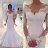 2021 New Modern Mermaid Wedding Dresses Long Sleeves V Neck White Ivory Lace Appliques Beaded Court Train Sheer Back Custom Bridal200r