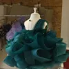 2021 Dark Green Luxurious Flower Girl Dresses Ball Gown Sheer Neck Tiers Feather Lilttle Kids Birthday Pageant Weddding Gowns ZJ672775