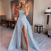 2021 New Sexy Baby Blue Mermaid Prom Dresses di lusso con treno staccabile High Side Split paillettes pizzo lungo abiti da ballo formale Dre217I