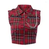 T-shirt da donna Goth - Selling Plaid Comodo colletto della camicia Gilet Trim Crop Cerniera Punk Cargo Top senza maniche