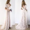 2022 Champagne Country Bohemian Wedding Gown Dresses V neck Short Sleeves Lace Backless Bridal Gowns Plus size282b