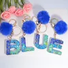 Keychains Exquisite Blue Pompom A-Z 26 Letter Keychain Glitter Heart Sequin Filled Initials Keyrings Bag Accessories Charm Car Keyholder