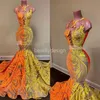 Długie eleganckie sukienki balowe 2022 Sheer O-Neck Orange and Yellow Sequin African Women Black Girls Mermaid Evening Party Suknie DD2537