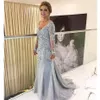 Elegant Blue Silver Mother of the Bride Dresses Long Sleeves 2021 V Neck Godmother Evening Dress Wedding Party Guest Gowns New268e
