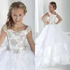 Tiered Tulle Crystal Long Girl's Pageant Dresses Cap Sleeves Lace Up Back Princess Flower Girls Dress Cheap Formal Party Gown247l