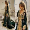 Kaftan marroquino Vestidos formais para noite Caçador Verde Veludo Dourado Renda Aplique Muçulmano Manga Longa Islâmico Dubai Vestido de Baile Robes319j
