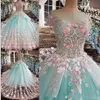 Mintgrüne Quinceanera-Kleider, 3D-Blumenapplikation, Stickerei, Perlen, abgestuft, Prinzessin, Bonbon 15/16, Festzug, Abschlussball, Ballkleid, nach Maß2077