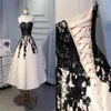 Sexy champanhe cetim preto renda chá comprimento curto vestido de noiva barato uma linha querida espartilho costas ruched vestidos de noiva casamento rea3302