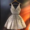 Lujosos vestidos de fiesta de cristal con cuentas, vestidos de graduación con escote en V profundo, vestidos cortos de encaje para fiesta de cóctel, tamaño personalizado 319E