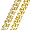 Catene Rapper Hip Hop Ghiacciato con strass pavimentato 15MM Miami Curb Catena a maglia cubana Nastro d'oro Collane per uomo Donna Set di gioielli C290Q