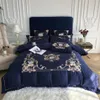 Royal Blue Elegant Brodery 60s Satin Washed Silk Bedbling Set Cotton Däcke Cover Bed Linen Mittade lakan Kuddepcaser Bängdukar B2168