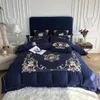 Royal Blue Elegante Ricamo 60S Satin Washed Silk Bedding Set Copripiumino in cotone Biancheria da letto Lenzuolo con angoli Federe Biancheria da letto b2168