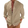 Men's Casual Shirts 2023 Spring And Autumn Cotton Linen Long-Sleeved Solid Color Stand-Up Collar Style Plus Size