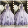 2021 Sexy Quinceanera Ball Gown Dresses Lilac Lace Appliques Crystal Beaded Sleeveless Tulle Ilusion Plus Size Party Prom Evening 291h