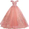 2020 Women's Pink Off Shoulder Quinceanera Dresses Lace Appliques Prom Ball Gown Sweet 16 Dresses with Pearl257l