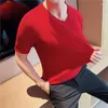Męskie koszule 2023 Letni w paski dzianinowa koszulka Mężczyźni Koreańska moda krótkie rękaw Slim Fit Około szyi Casual Business Pullover