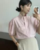 Kvinnors blusar 2023 Summer Shirt Stand Collar Button Up Loose Puff Sleeve Thin Top