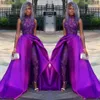 Purple Lace Stain Evening Jumpsuit med Train 2023 High Neck African Plus Size Classic Endan Prom Pant Suit Dress Wear288V