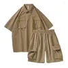 Мужские спортивные костюмы Quick Dry Fashion Set Summer Cargo Shorts с коротким рукавом японский повседневной костюм с двумя карманами.