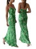 Casual Dresses Women's Bodycon Long Dress Summer Green Sleeveless Spaghetti Strap Cutout Floral Print French Beachwear