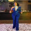 2021 Plus Size Arabic Aso Ebi Royal Blue Sparkly Prom Jumpsuits Dresses Beaded Sequined Sheath Evening Formal Party Second Recepti268c