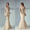 Champagne en dentelle peplum Wear Robes de bal 2019 couche à manches longues Dubaï Sirène arabe