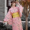 Vêtements ethniques Robe longue de style japonais pour femmes Couleur rose Kimono traditionnel avec costume de cosplay Obi Pography Wear Robe formelle Yukata