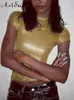 女性のTシャツパンクTシャツ女性oネック半袖トップメタリックカラーファッションストリートウェア夏のスキニーティーY2K服230721