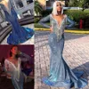 2019 robes de bal sirène paillettes bleu pailleté perlé col transparent manches longues sirène robes de soirée avec des glands longues robes formelles ga302w