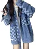 Kvinnorjackor Cool Salt Wear med Checkerboard Stitching Cardigan Washed Denim Jacket Trend Loose Top
