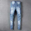 Sokotoo Herren-Jeans mit Strass-Kristall-Patchwork, hellblau, zerrissen, schmale Passform, Röhrenjeans aus Stretch-Denim287K