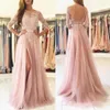 Blush Roze Split Lange Bruidsmeisjes Jurken 2020 Doorzichtige Hals 3 4 Lange Mouwen Appliques Kant Bruidsmeisje Country Bruiloft Gast Gown167E