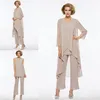 Plus Size Mother Of The Bride Pant Suit 3 Piece Chiffon for Beach Wedding Dress Mother's Dress Long Sleeves Cheap Mothers For235s