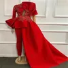 Red Plus Size Evening Jumpsuit with Train Lace Stain Velvet Long Sleeve Ruffles Peplum Arabic Prom dress with pant suit282j