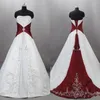 Vintage Dark Red And White Wedding Dresses 2019 Strapless Satin Embroidery Lace Up Sweep Train Bridal Gowns Custom Made vestido de262k