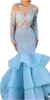 Ruffles Lace Prom Dresses with Long Sleeve Modest Sheer Jewel Neck Open Back Mermaid Fishtail Sky Blue Evening Gowns Wear