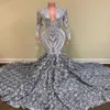 Silver African Girls Long Prom Dresses 2022 Mermaid V Neck Full Sleeve 3D Flowers Train Women Formal Party Evening Gown Pro232243P