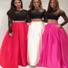 New Red Evening Gown A-Line Two Piece Prom Dress with Pockets Round Neck Open Back Black Lace Long Sleeves Prom Dresses Long223C