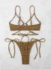 Kvinnors badkläder 2023 Sexig bandage ribbad dragkammare bikini set kvinnor solid sträng kvinnlig 2 bitar strandkläder baddräkt biquini