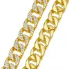 Correntes Rapper Hip Hop Iced Out Pavimentado Strass 15 MM Miami Curb Corrente de Link Cubano Colares de Ouro para Homens e Mulheres Conjunto de Jóias C2865