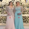 Vestidos luxuosos com miçangas e lantejoulas cristal para mãe da noiva mangas compridas decote em V rosa plus size vestidos formais para baile de formatura277Z