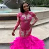 Illusion Mermaid Prom Dresses for Black Girls Applique Feathers aftonklänning Beaded Party -klänningar Vestidos de Graduacion2386