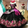 Vintage Black 3D Flores florais 2022 Quinceanera Prom Dress Formal Off ombro Charro Ball vestido mexicano plus size vestidos 15 ano202o